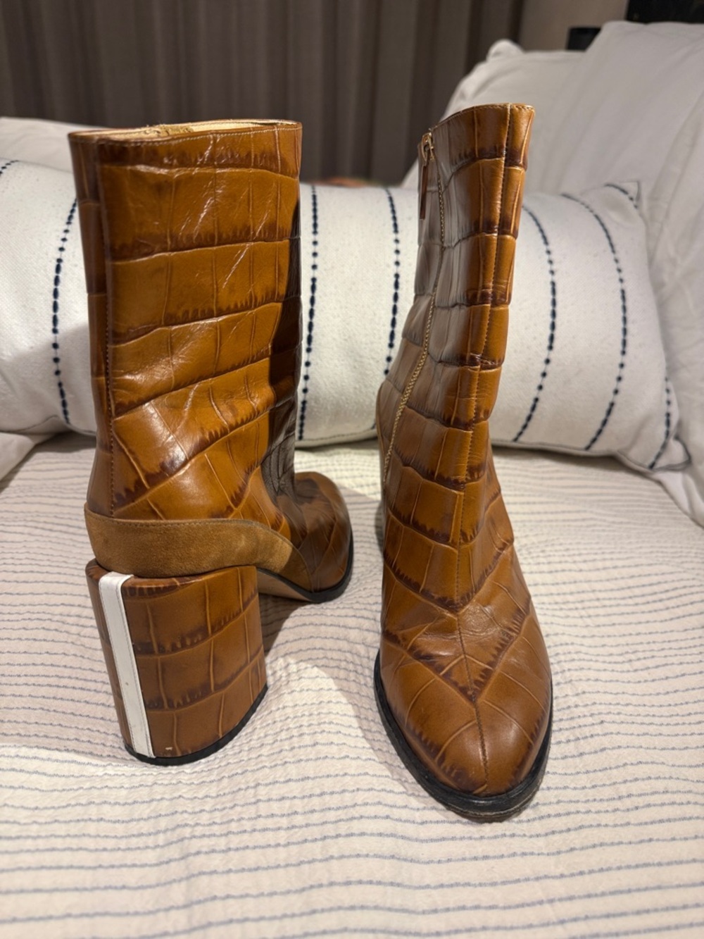 Dear Frances Cognac Croc-Embossed Block Heel Mid-Calf Boots
